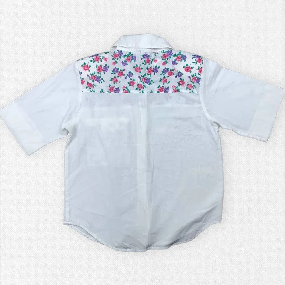 Vintage 90's Western Floral Button Up Short Sleeve Top Pink Purple White Small - Picture 8 of 8